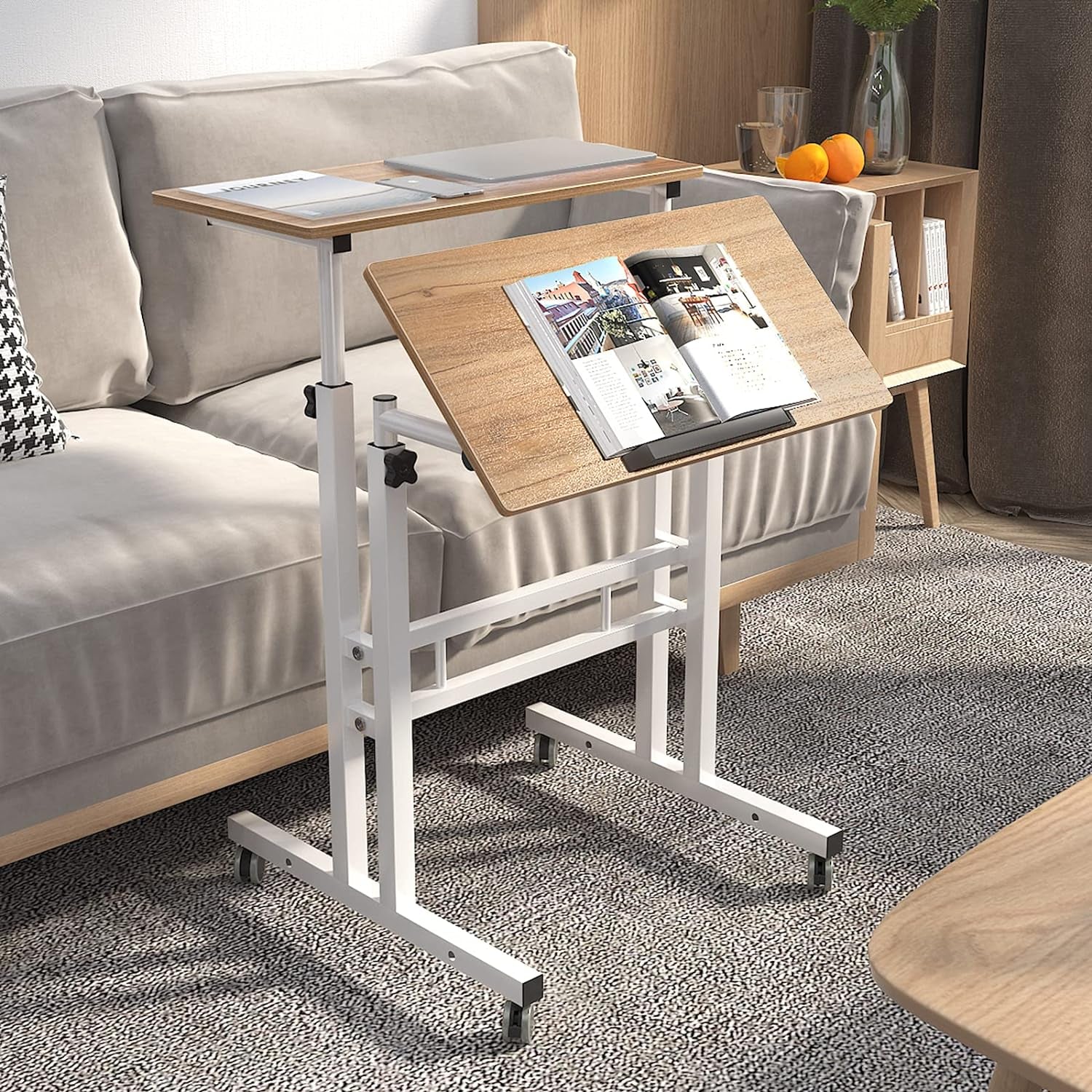 Adjustable Mobile Standing Desk - Rolling Sit-Stand Workstation with Oak Finish, 23.6 Inches