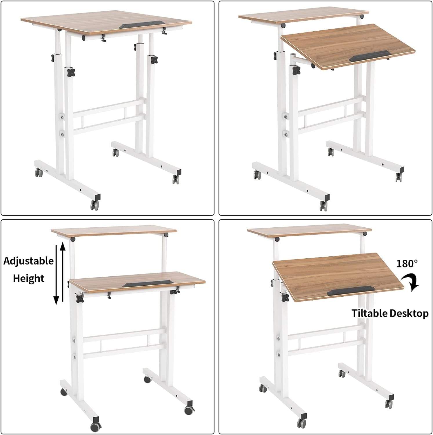 Adjustable Mobile Standing Desk - Rolling Sit-Stand Workstation with Oak Finish, 23.6 Inches