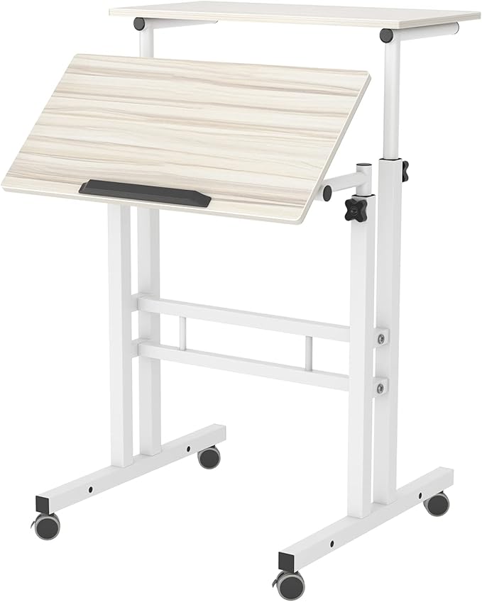 Adjustable Mobile Standing Desk - Rolling Sit-Stand Workstation with Oak Finish, 23.6 Inches
