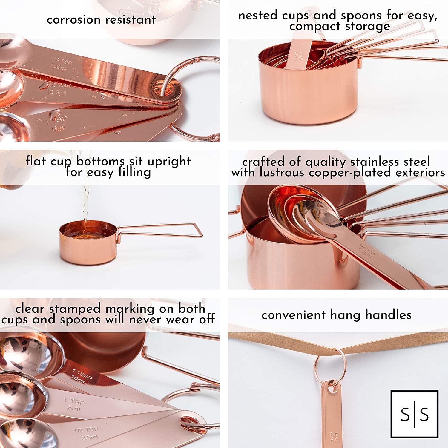 Stylish Rose Gold Copper Measuring Cups and Spoons Set – 8-Piece Stackable Stainless Steel Kitchen Utensils for Baking and Cooking
