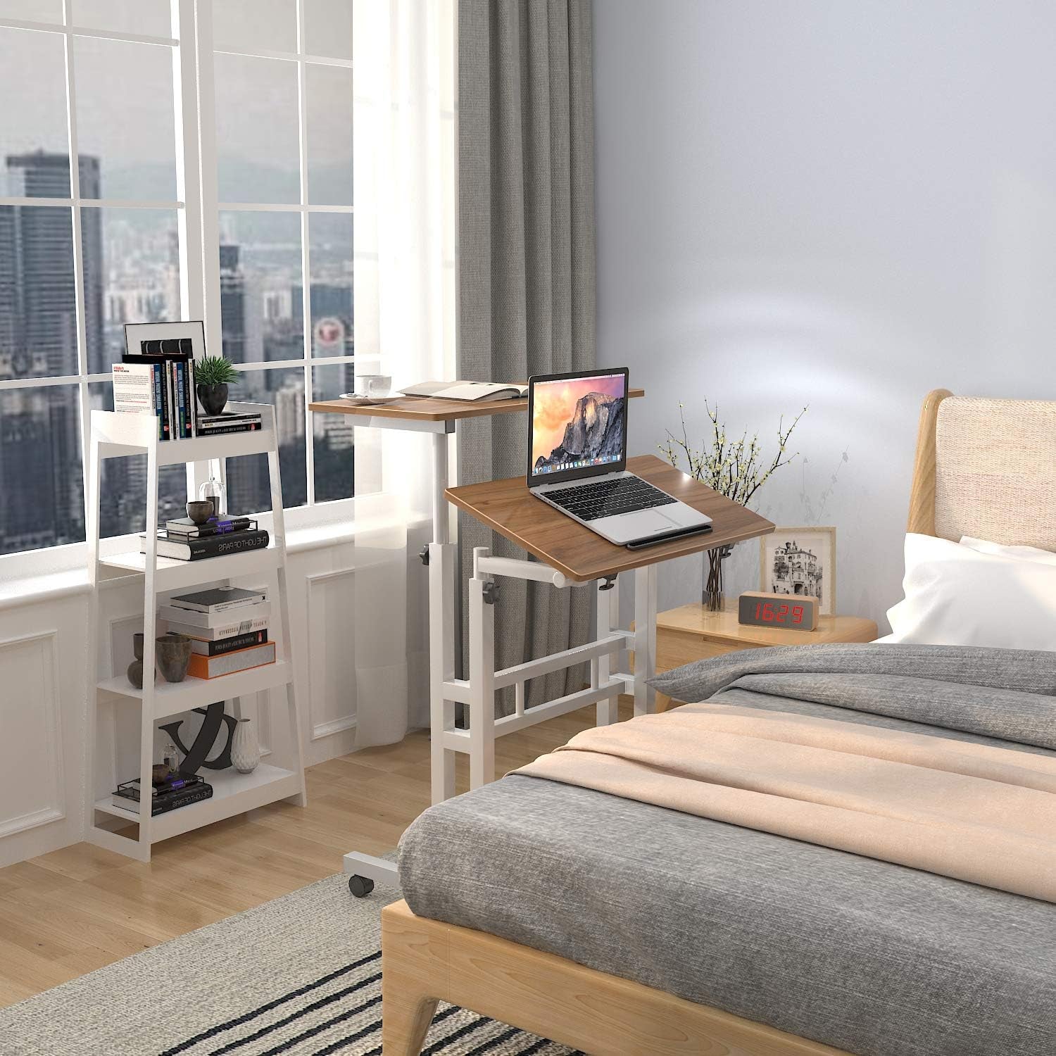 Adjustable Mobile Standing Desk - Rolling Sit-Stand Workstation with Oak Finish, 23.6 Inches