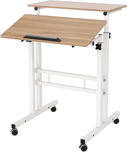 Adjustable Mobile Standing Desk - Rolling Sit-Stand Workstation with Oak Finish, 23.6 Inches