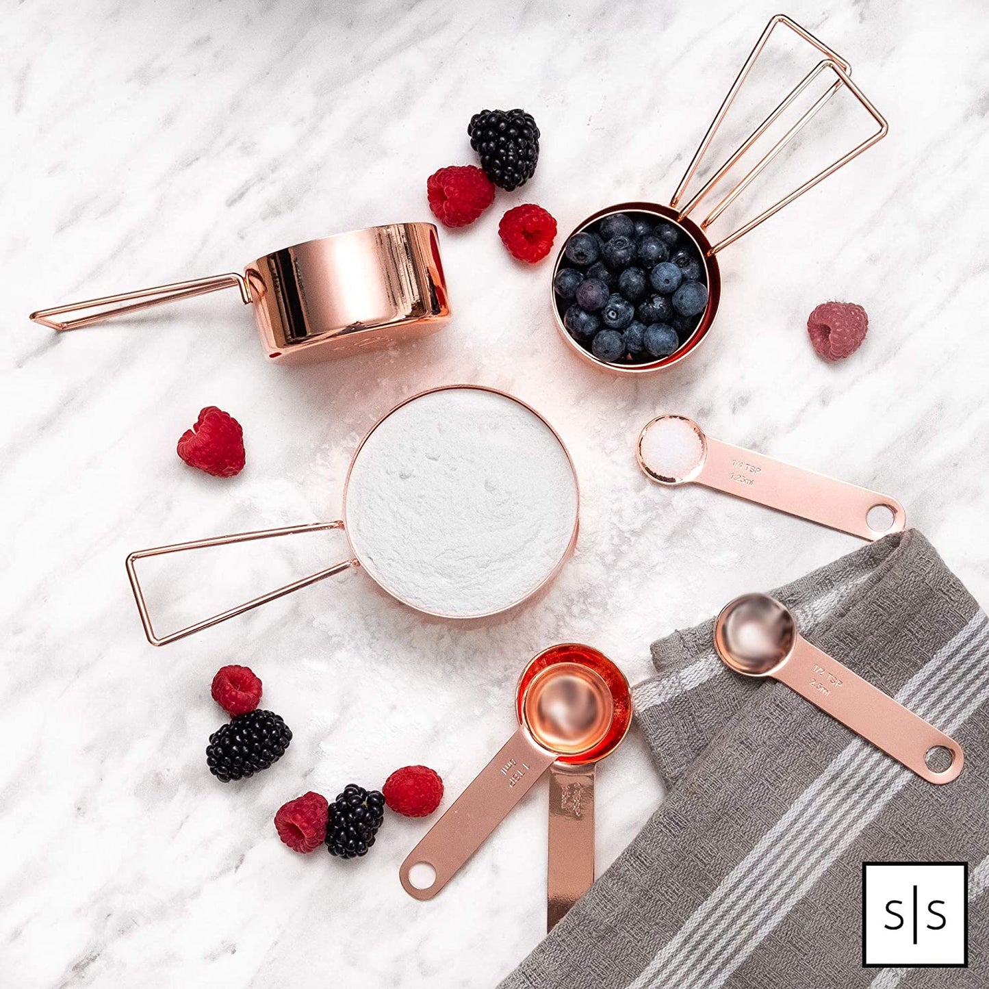 Stylish Rose Gold Copper Measuring Cups and Spoons Set – 8-Piece Stackable Stainless Steel Kitchen Utensils for Baking and Cooking