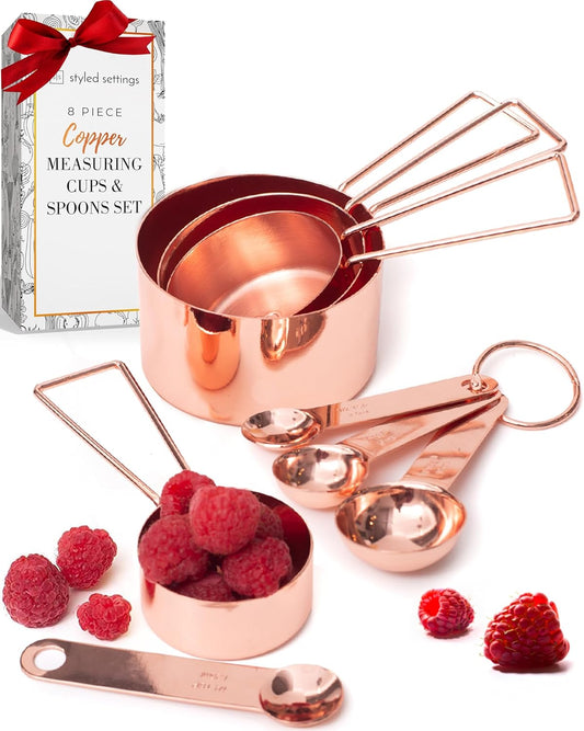 Stylish Rose Gold Copper Measuring Cups and Spoons Set – 8-Piece Stackable Stainless Steel Kitchen Utensils for Baking and Cooking