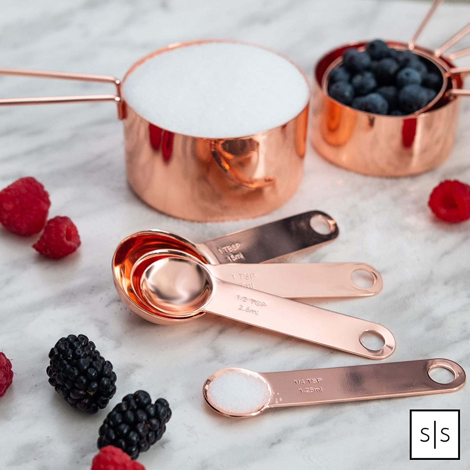 Stylish Rose Gold Copper Measuring Cups and Spoons Set – 8-Piece Stackable Stainless Steel Kitchen Utensils for Baking and Cooking